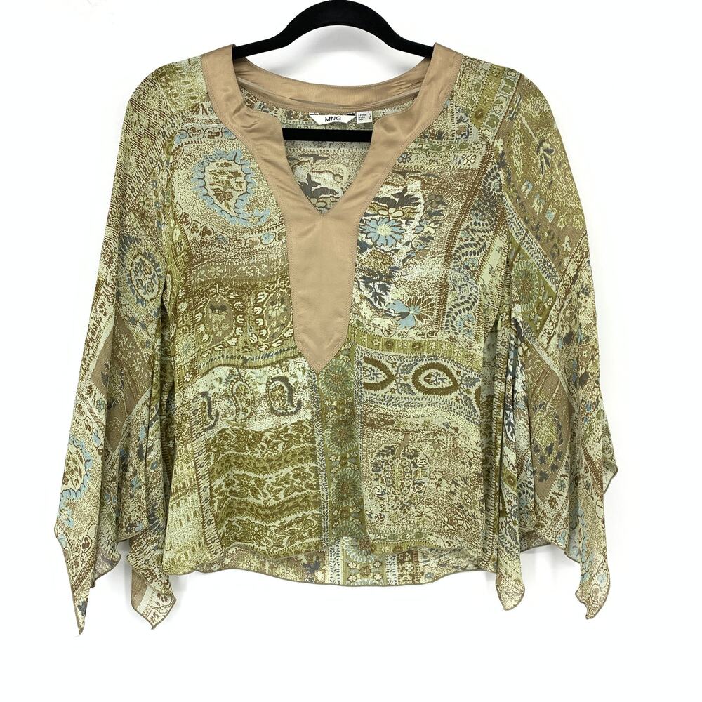 MNG Mango Draped Sleeve Blouse Womens Size Small Green Tan Paisley Print